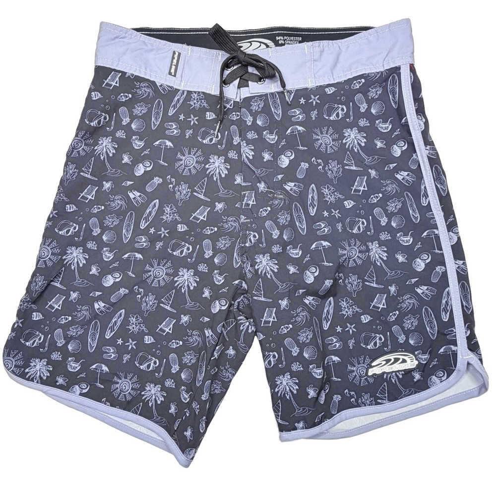 NWT Pipeline Board Shorts Swim Trunks Mens Sz 28 Black White Tye Die Drawstring